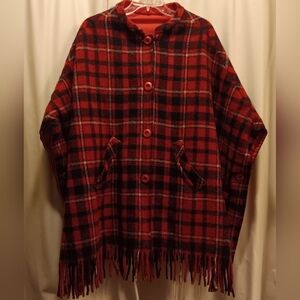 Vintage Red Plaid Wool Cape. Fits Up To 1X** See Measurements